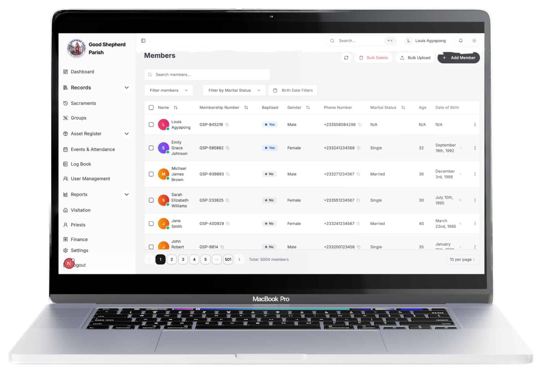 ChurchOS Members Dashboard on MacBook